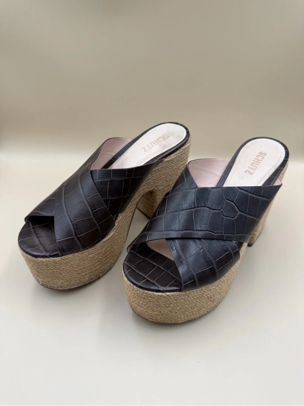 Schutz Brown Croc Embossed Platform Mule Sandals Size 9B